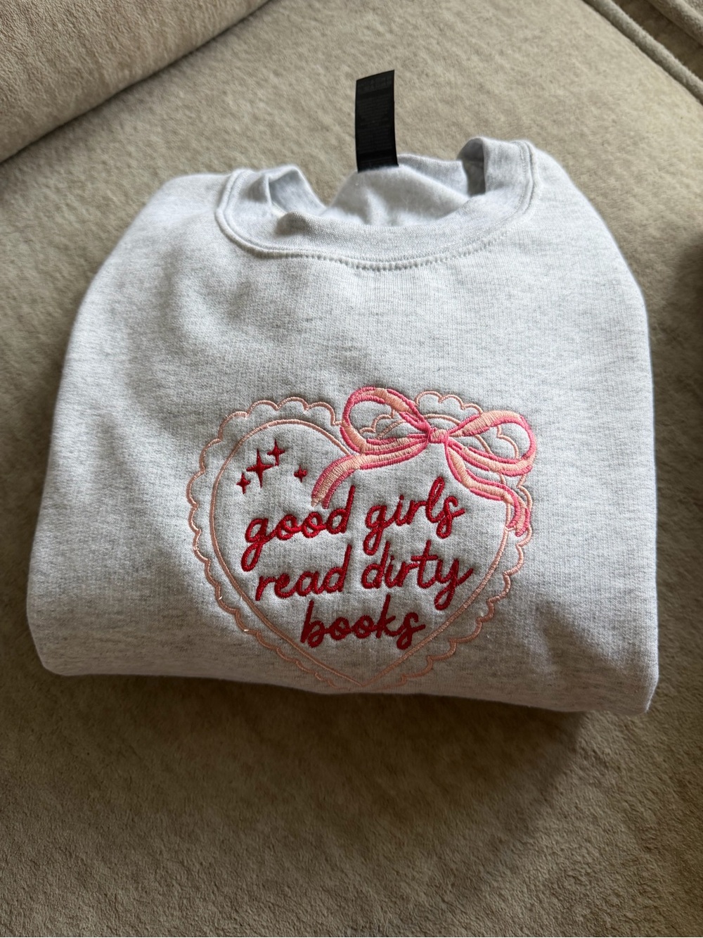 Gray Sweatshirt with Pink Embroidered Heart Slogan